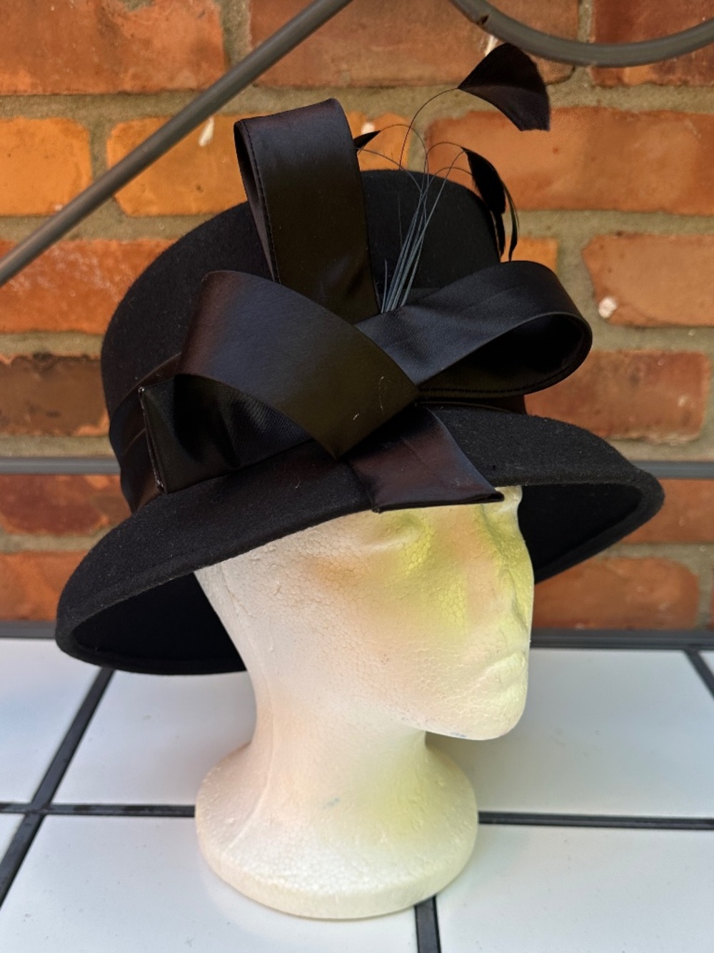 Small Brim Black Felt Hat 100% Wool Feather & Bows Detail